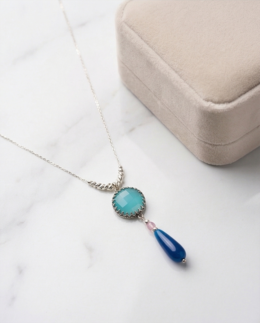 Silver necklace and pendant with blue opalite and blue agate