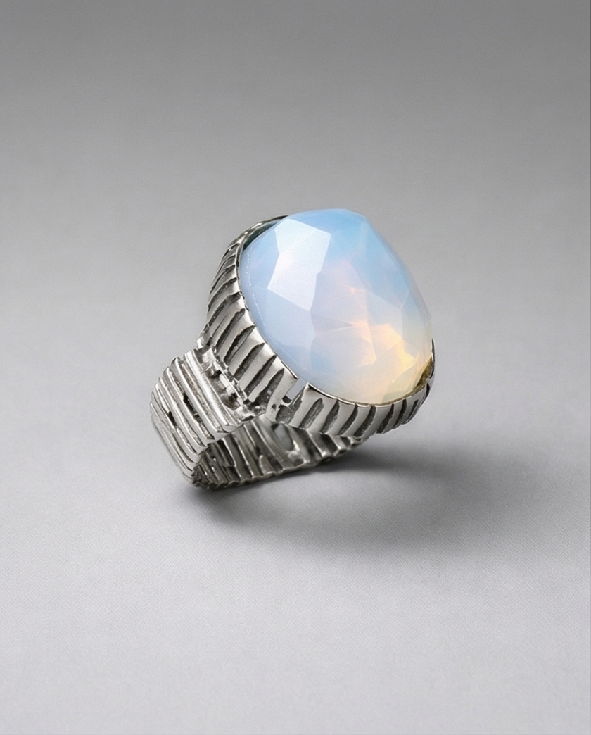Oval silver ring with white opalite