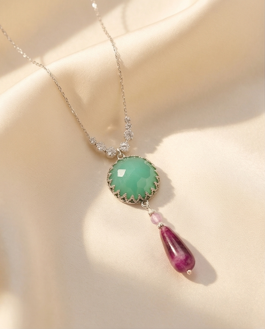 Silver necklace and pendant with green opalite and burgundy agate
