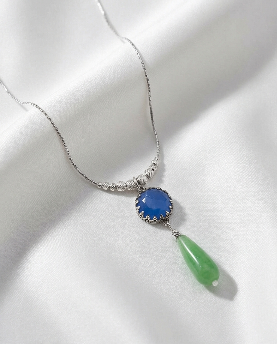 Silver chain and pendant combined with blue opalite and green agate