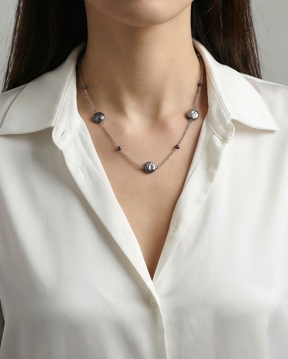 שרשרת כסף עם פניני טהיטי כהות – אלגנטיות מודרנית במראה מינימליסטי