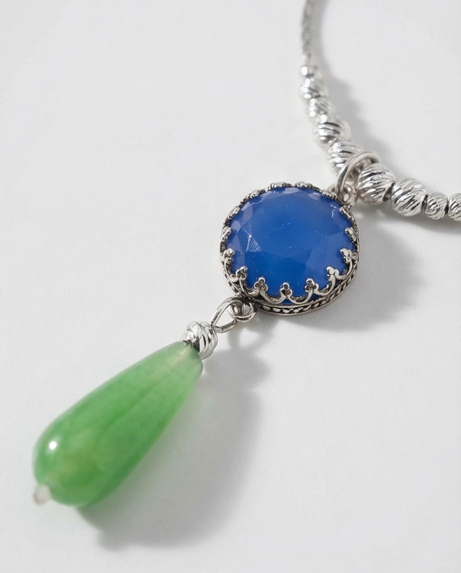 Silver chain and pendant combined with blue opalite and green agate