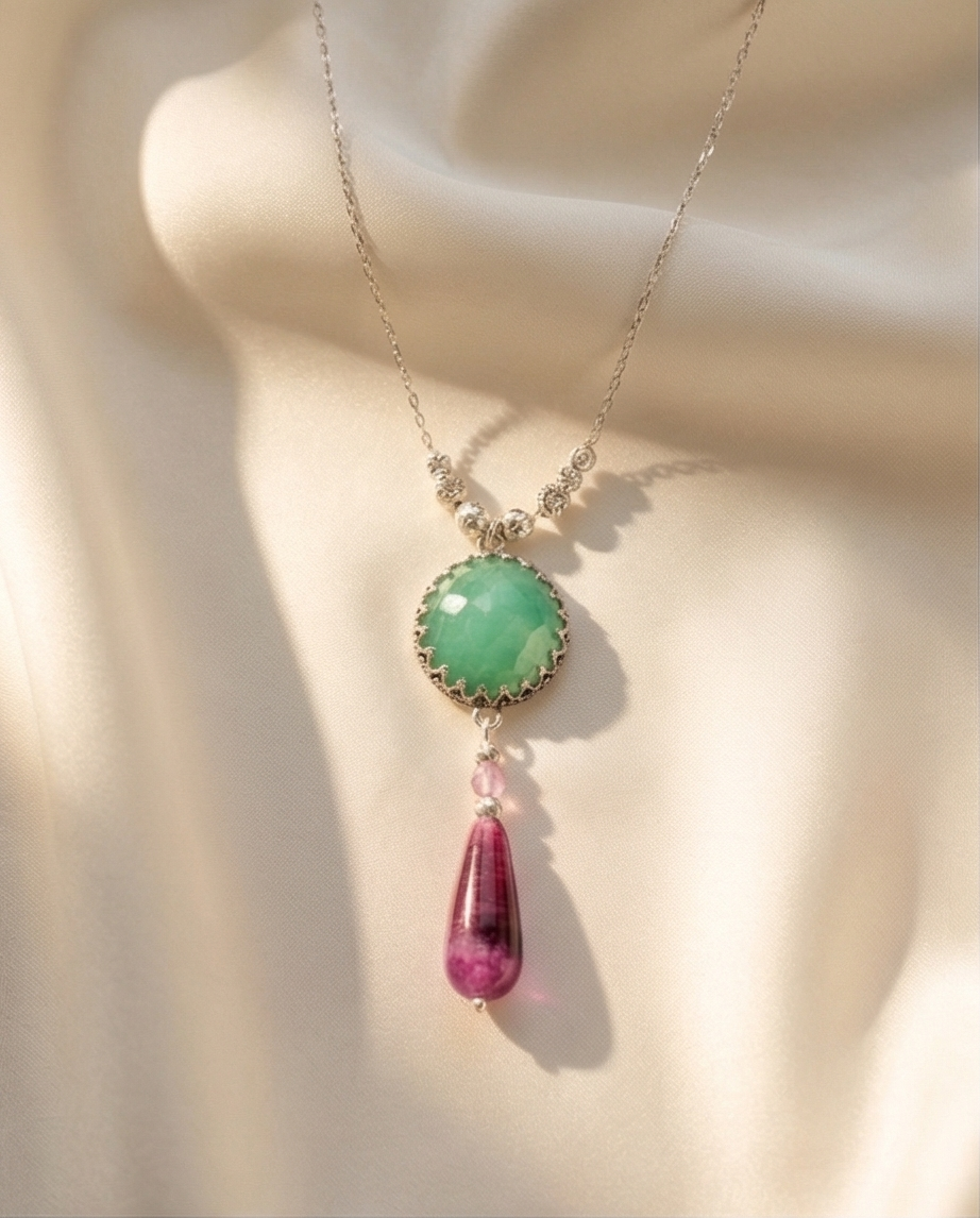 Silver necklace and pendant with green opalite and burgundy agate