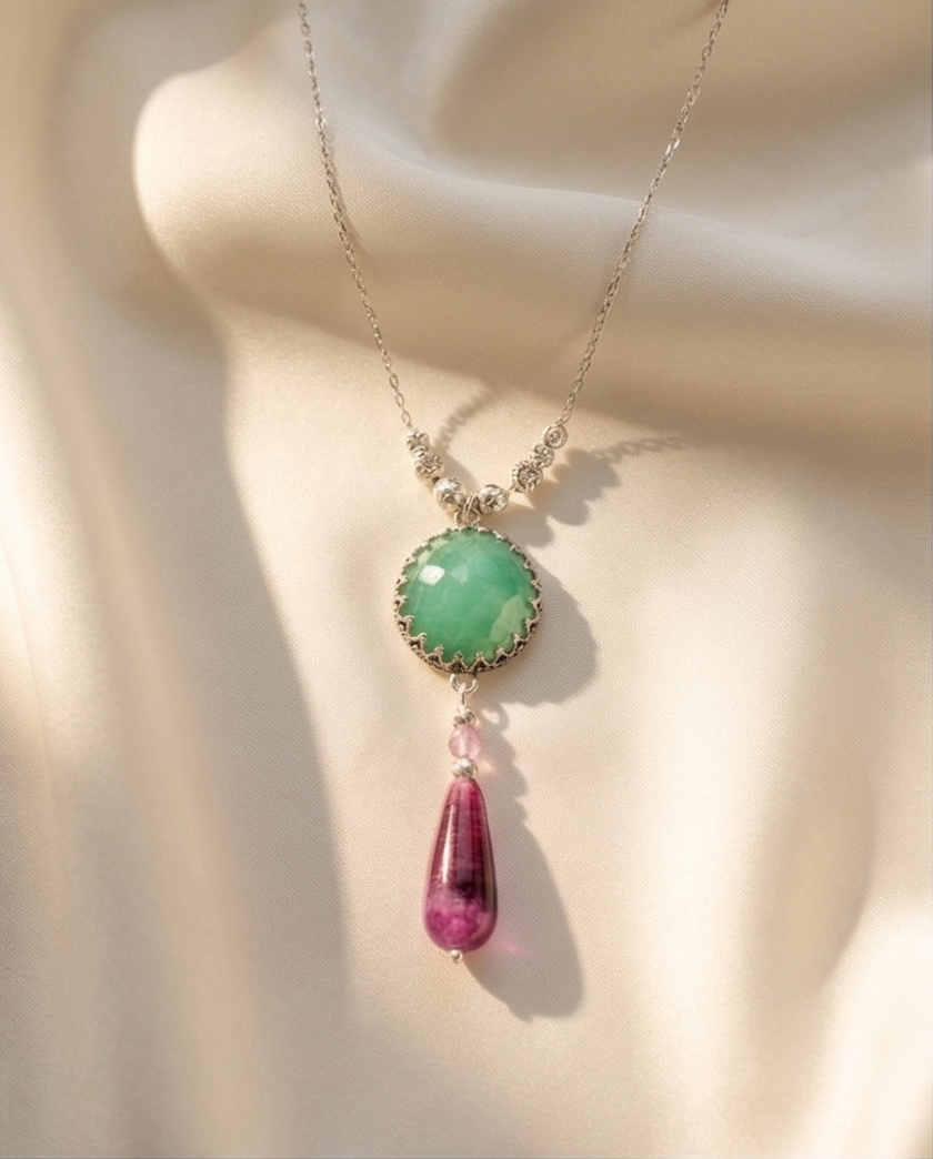 Silver necklace and pendant with green opalite and burgundy agate