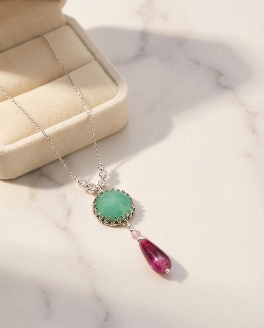 Silver necklace and pendant with green opalite and burgundy agate