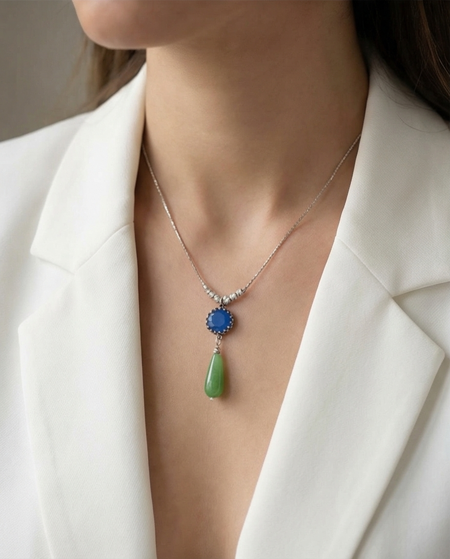 Silver chain and pendant combined with blue opalite and green agate
