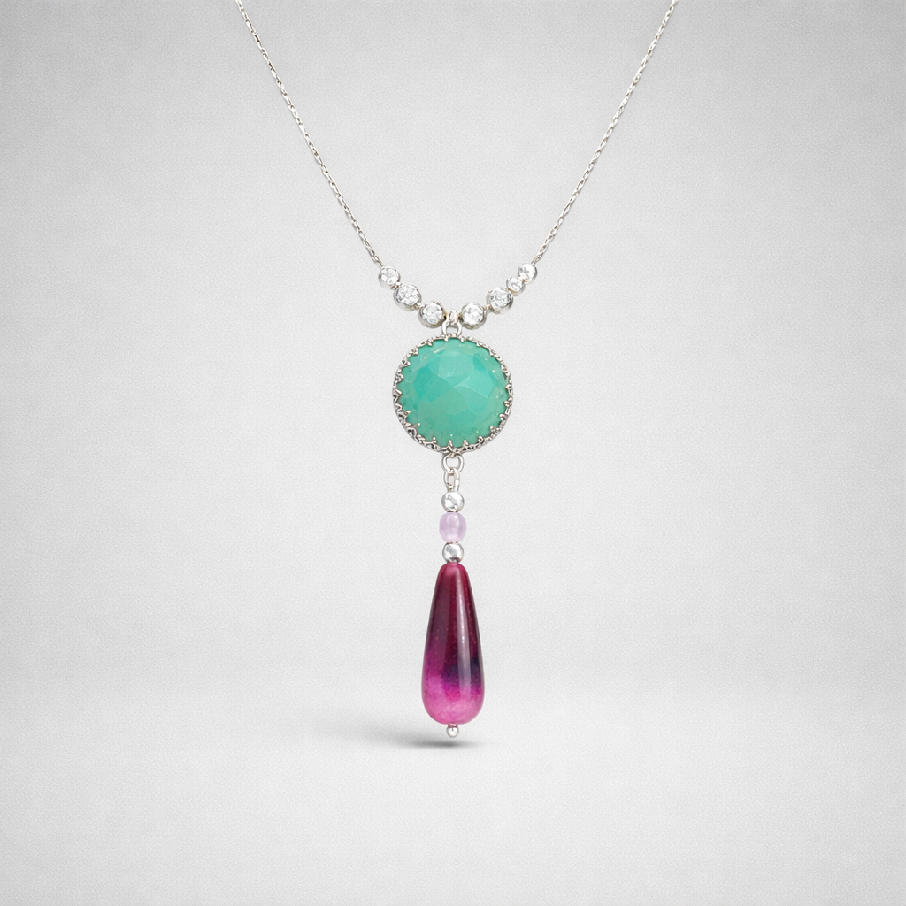 Silver necklace and pendant with green opalite and burgundy agate