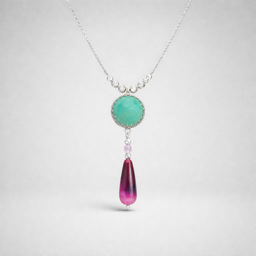Silver necklace and pendant with green opalite and burgundy agate