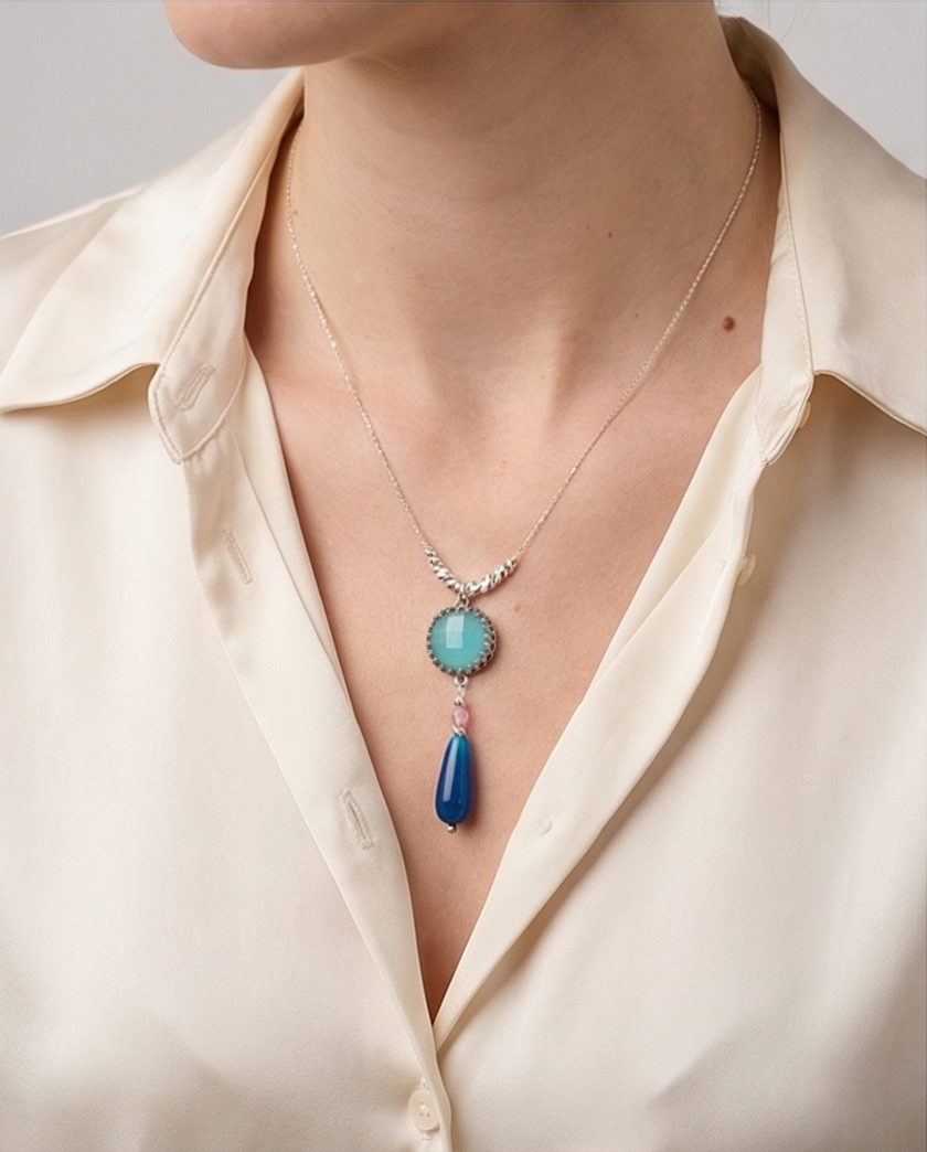 Silver necklace and pendant with blue opalite and blue agate
