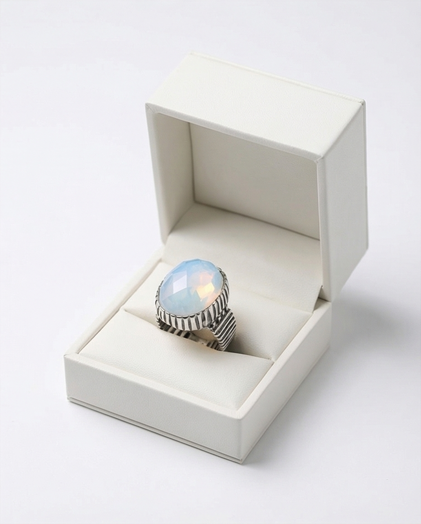 Oval silver ring with white opalite