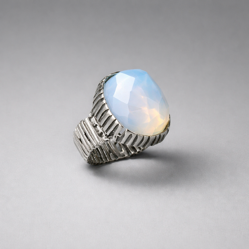 Oval silver ring with white opalite