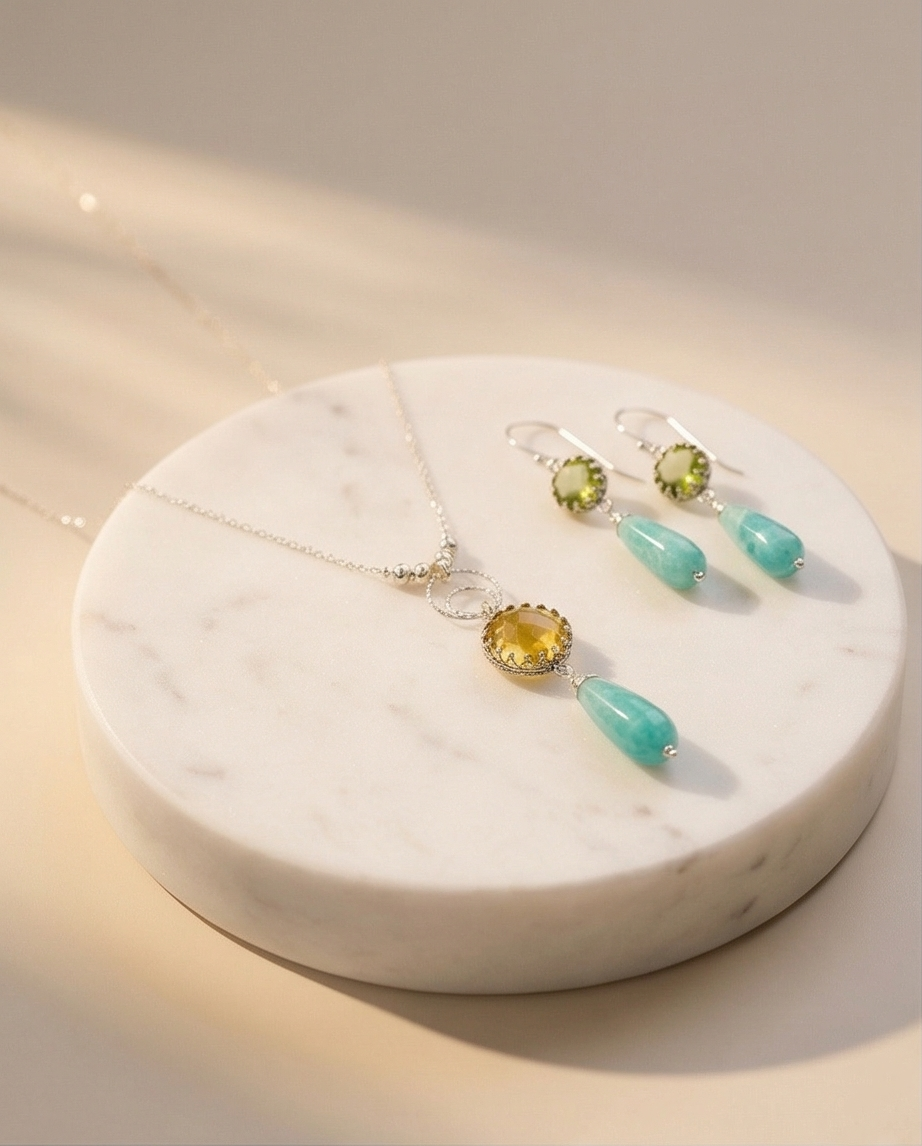 Silver necklace and pendant with opalite topaz and amazonite