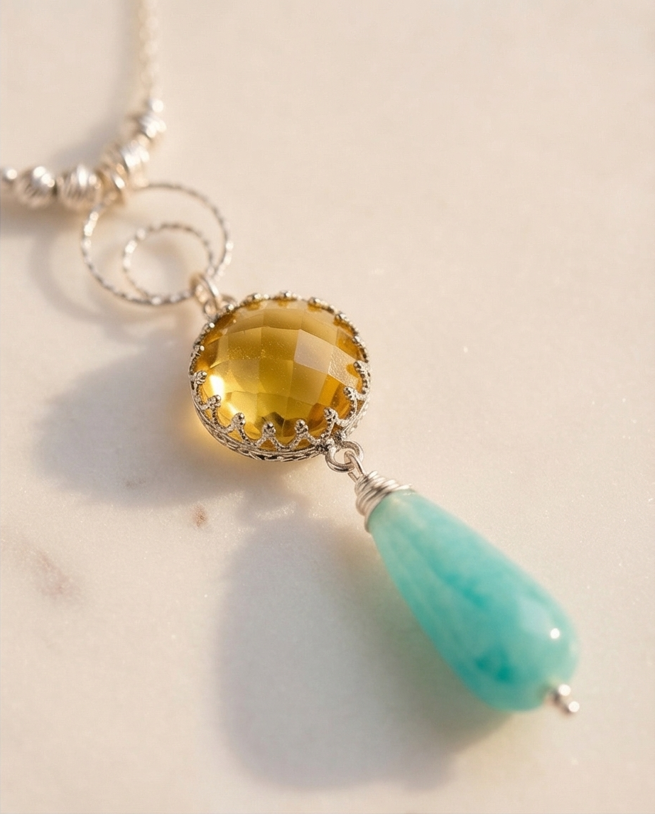 Silver necklace and pendant with opalite topaz and amazonite