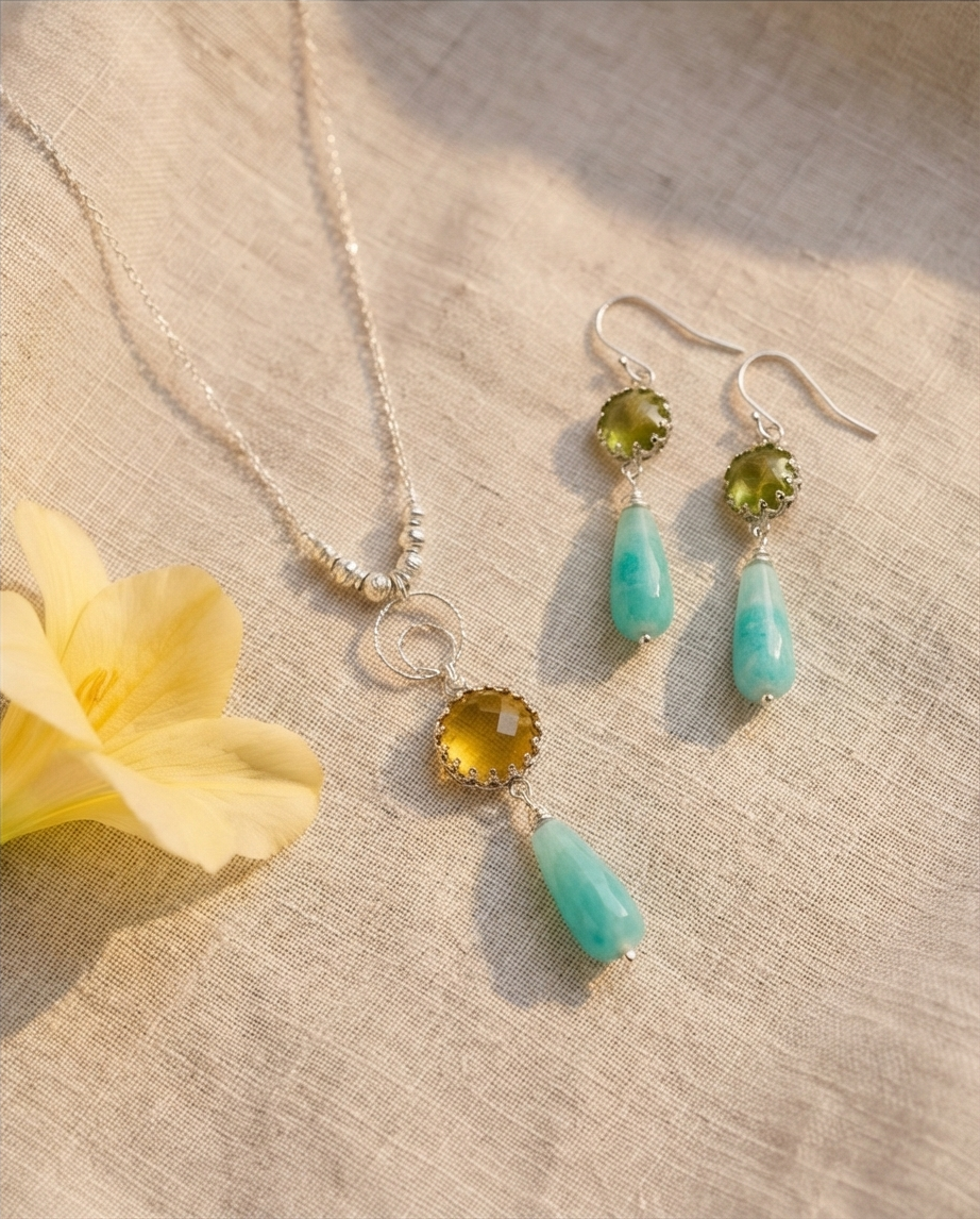 Silver necklace and pendant with opalite topaz and amazonite