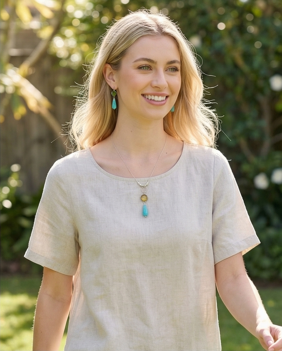 Silver necklace and pendant with opalite topaz and amazonite