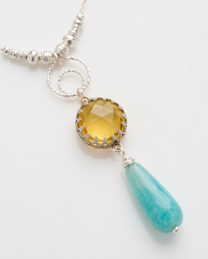 Silver necklace and pendant with opalite topaz and amazonite