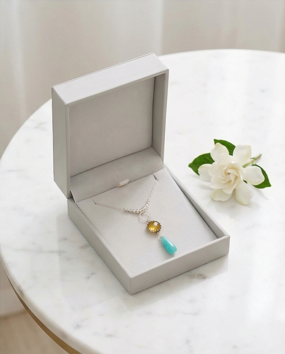 Silver necklace and pendant with opalite topaz and amazonite