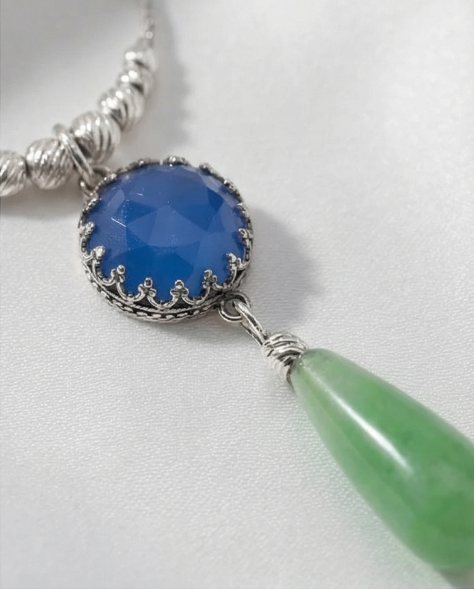 Silver chain and pendant combined with blue opalite and green agate