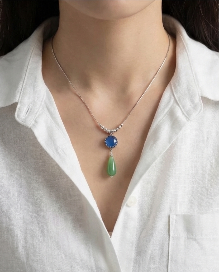 Silver chain and pendant combined with blue opalite and green agate