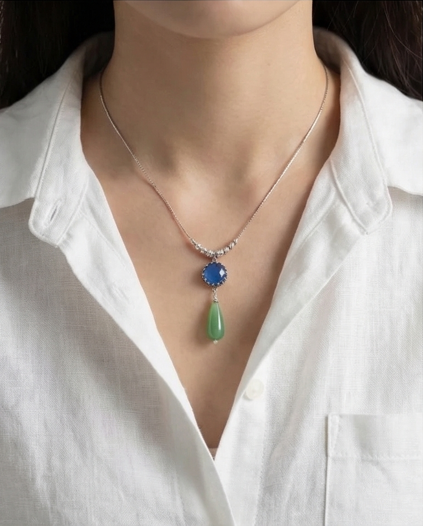 Silver chain and pendant combined with blue opalite and green agate