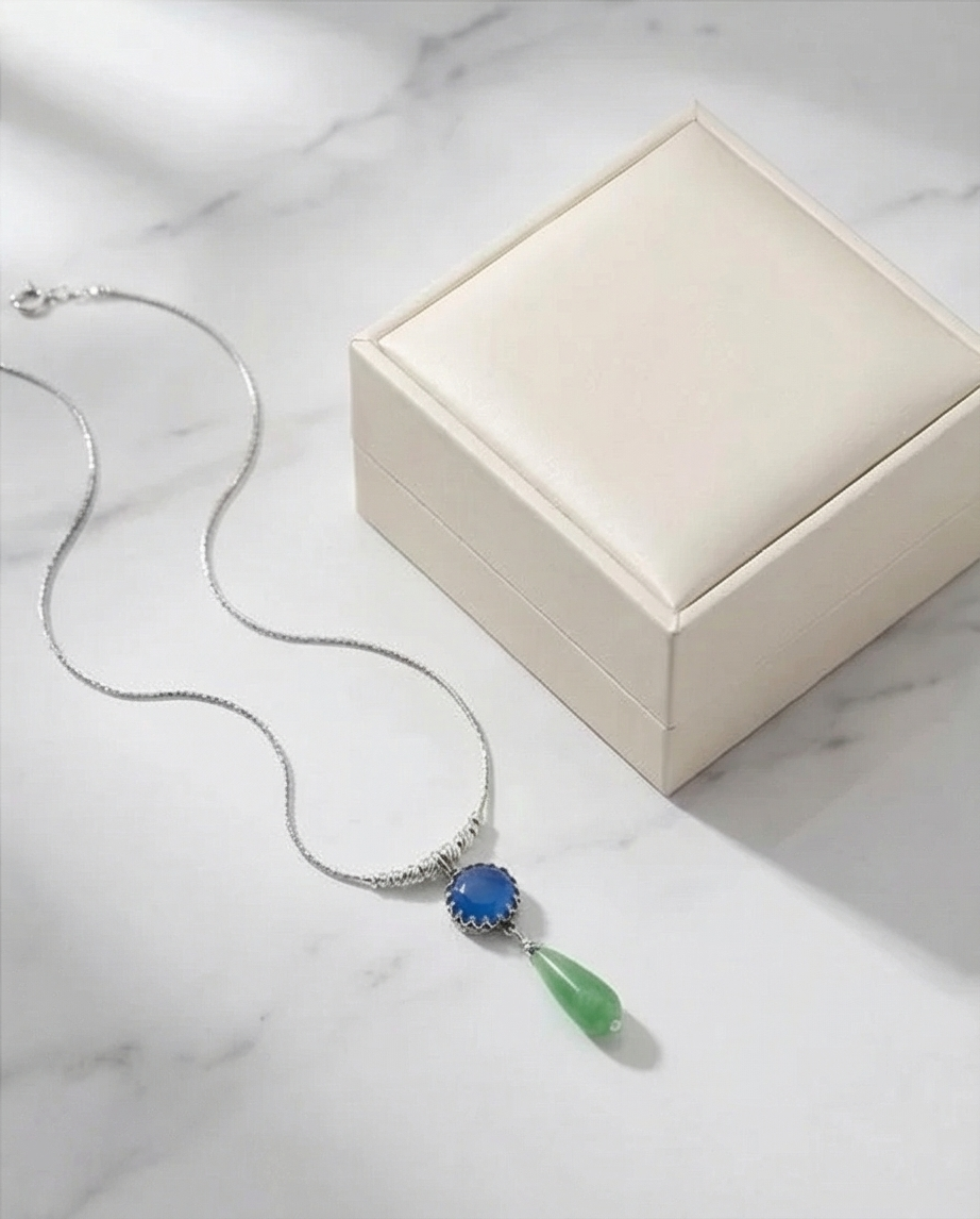 Silver chain and pendant combined with blue opalite and green agate