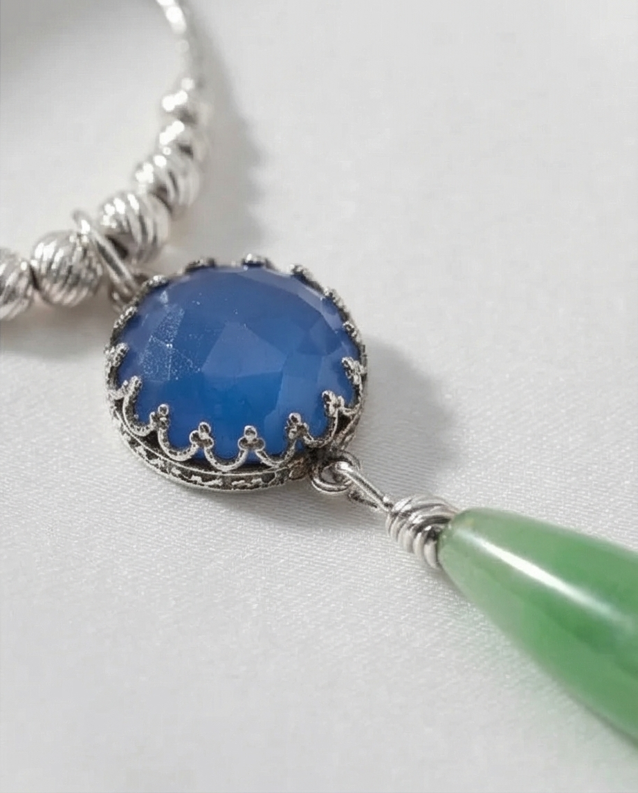 Silver chain and pendant combined with blue opalite and green agate