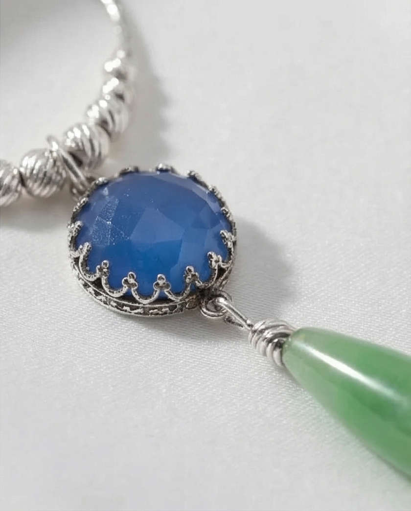 Silver chain and pendant combined with blue opalite and green agate