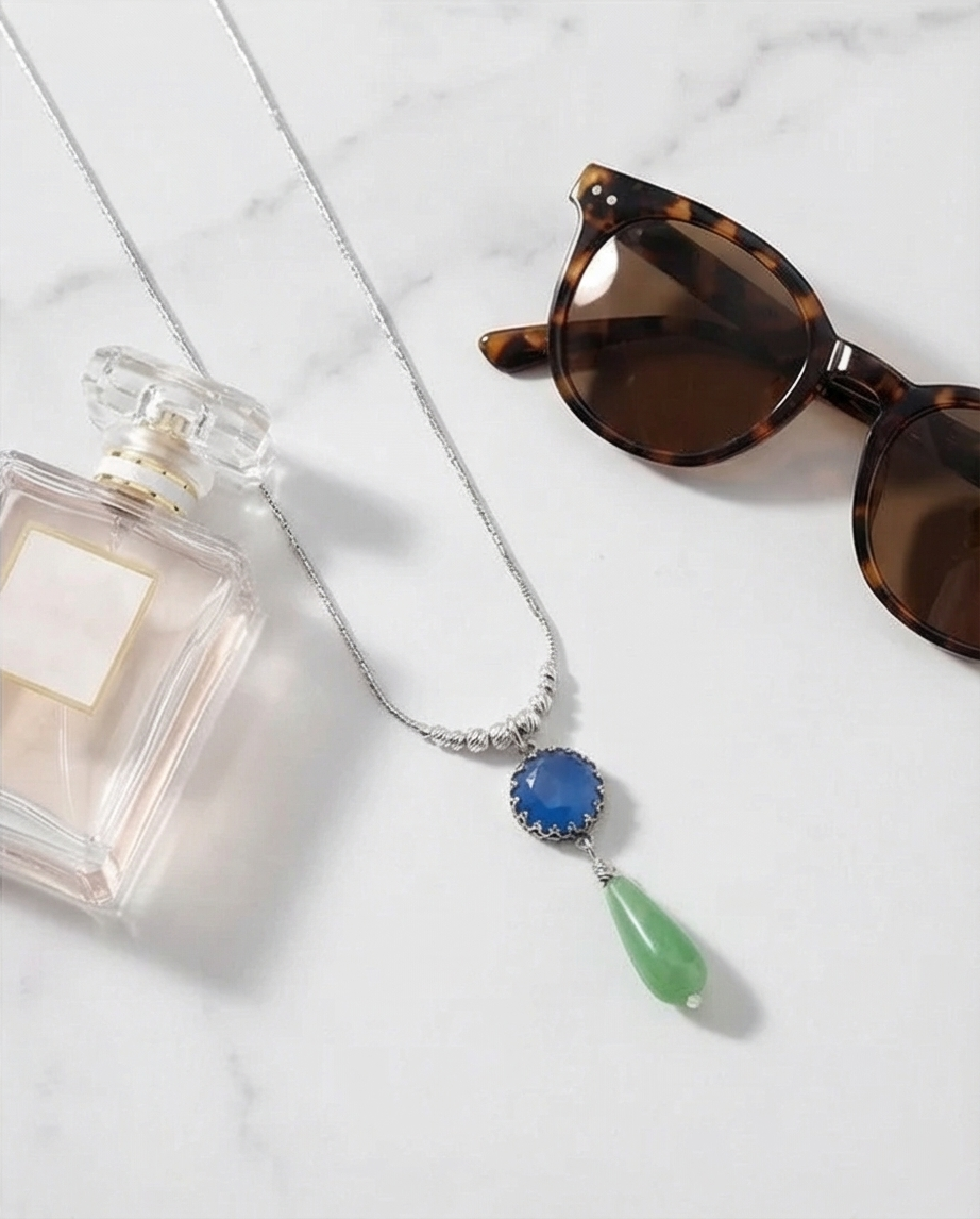 Silver chain and pendant combined with blue opalite and green agate