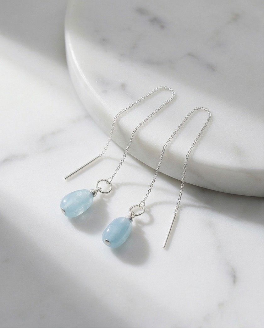 14 carat white gold chain earrings with aquamarine
