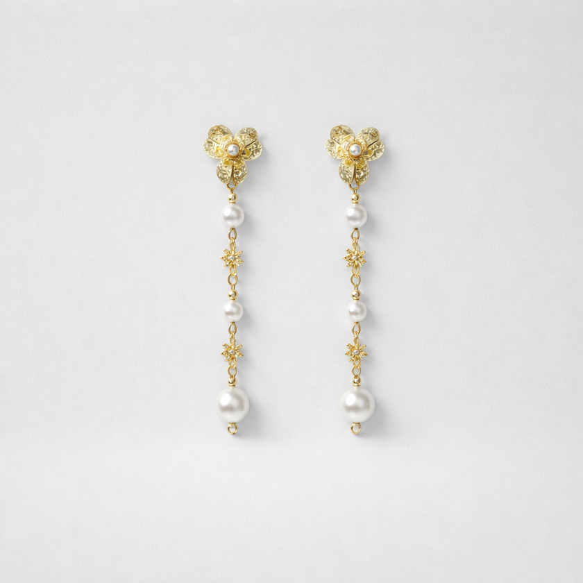 Long pearl and flower earrings