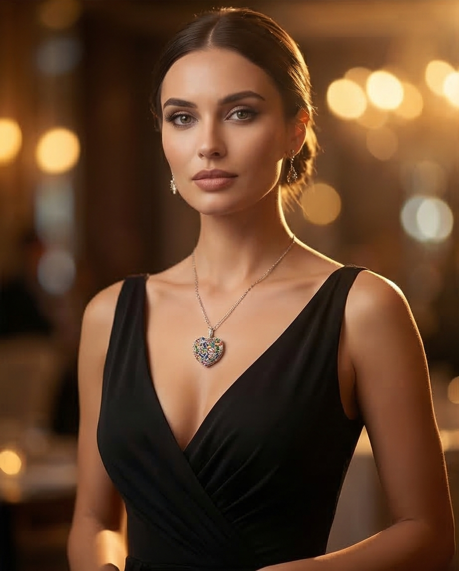 שרשרת כסף אלגנטית עם תליון לב מולטיקולור