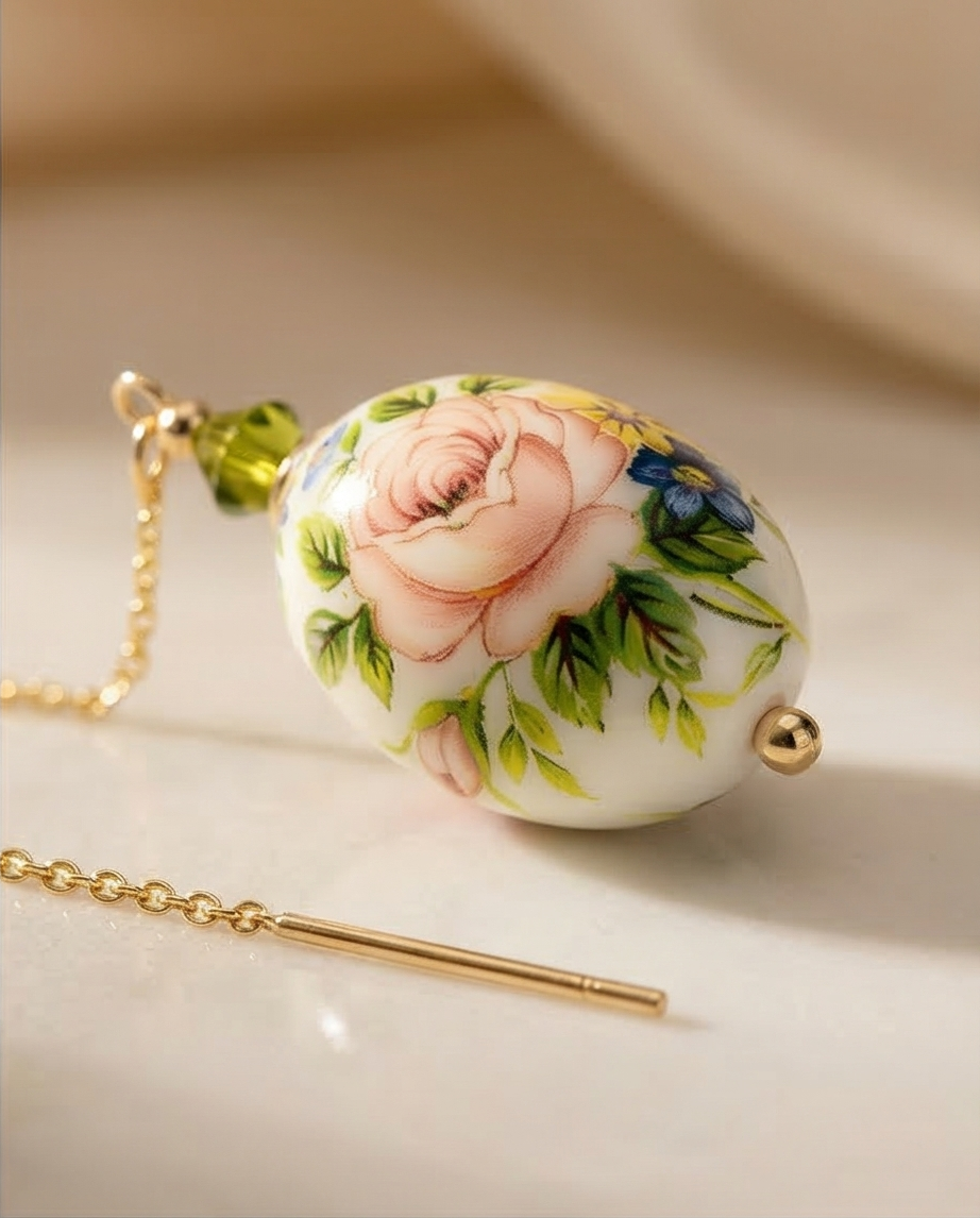 עגילי שרשרת עם חרוז אמייל