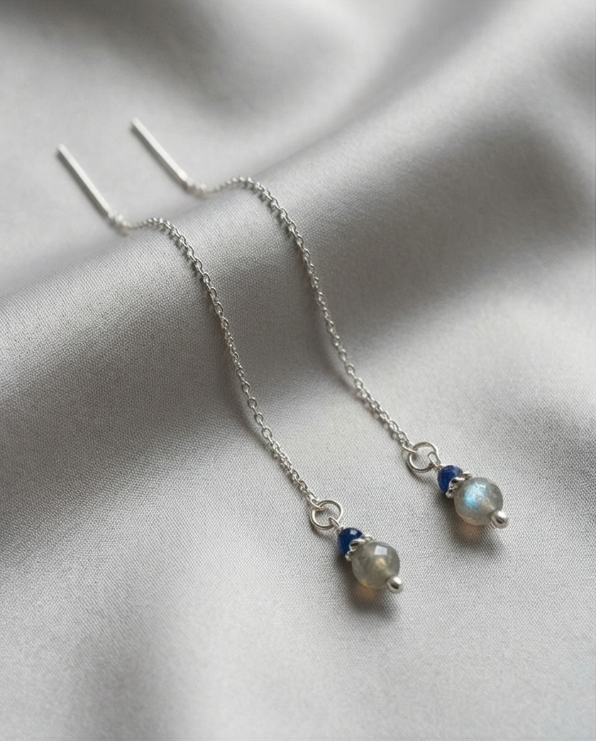 14k white gold earrings with labradorite and sapphire