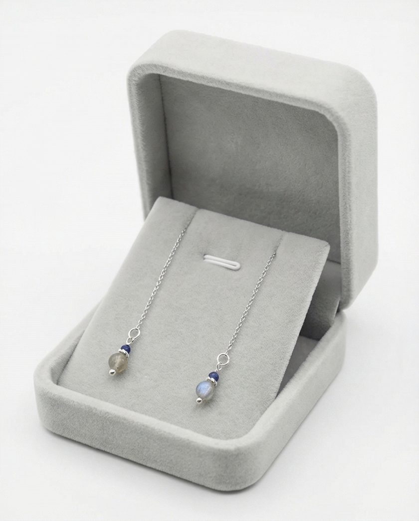 14k white gold earrings with labradorite and sapphire