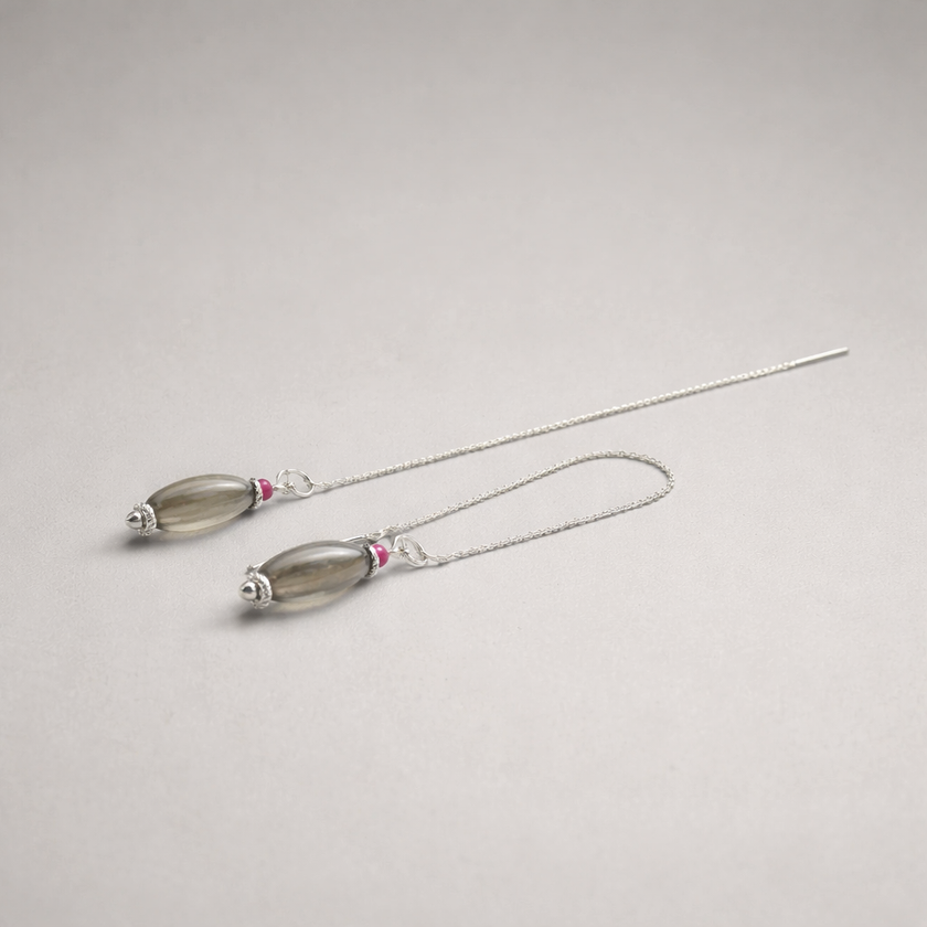 14 carat white gold earrings with real labradorite and ruby