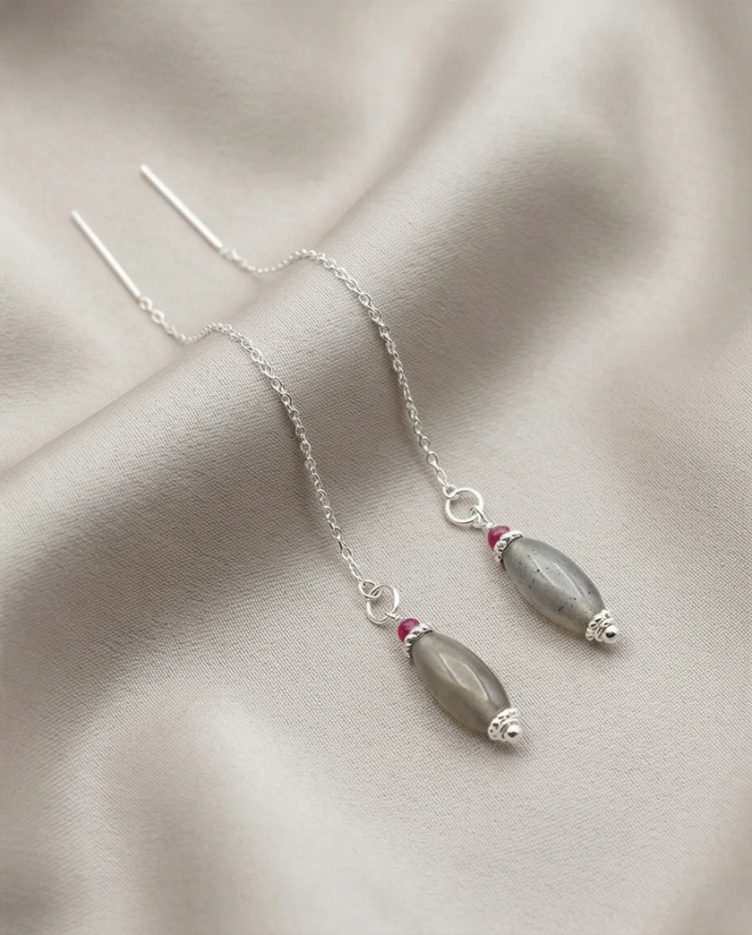 14 carat white gold earrings with real labradorite and ruby
