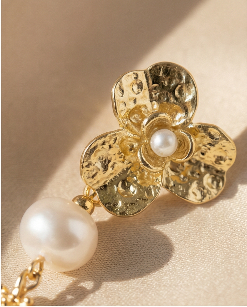 Long pearl and flower earrings