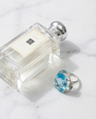 A silver ring combined with a crystal in a shade of aquamarine