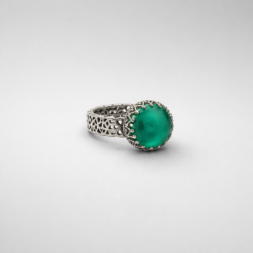Silver ring with green agate stones