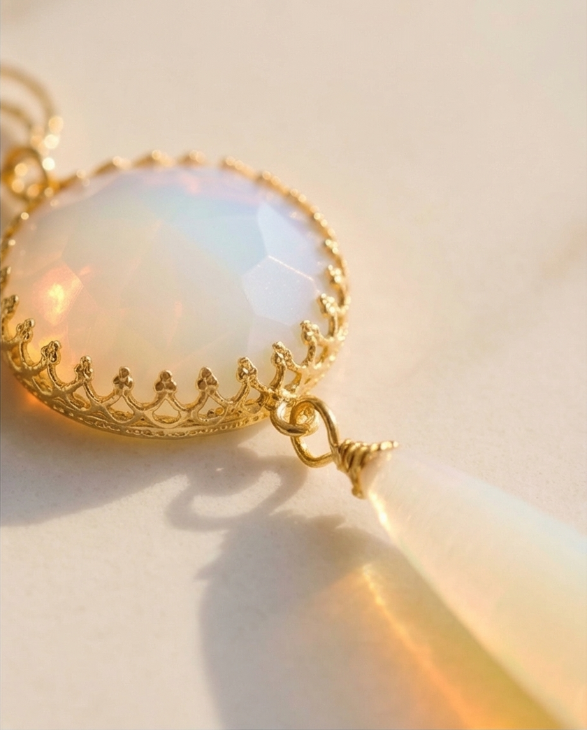 Silver necklace with pendant inlaid with white opalite