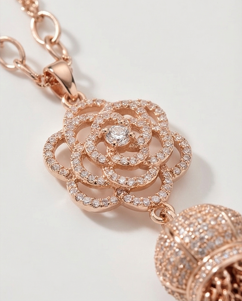 A rose gold tone necklace with a special pendant