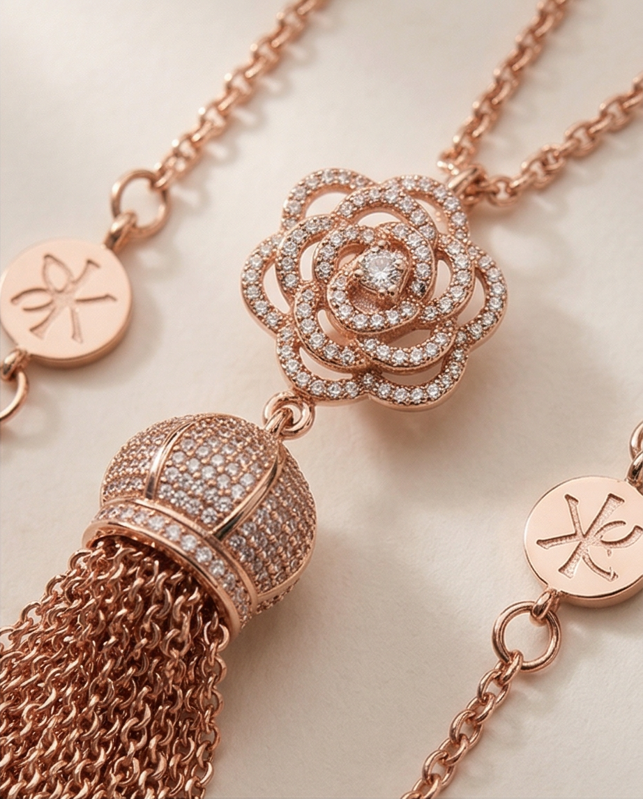 A rose gold tone necklace with a special pendant