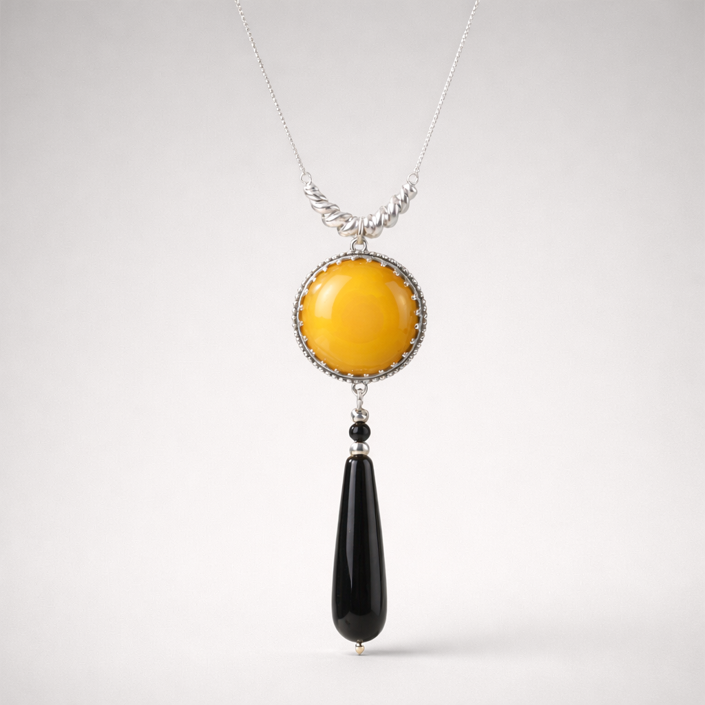Silver necklace and pendant with yellow agate and black onyx