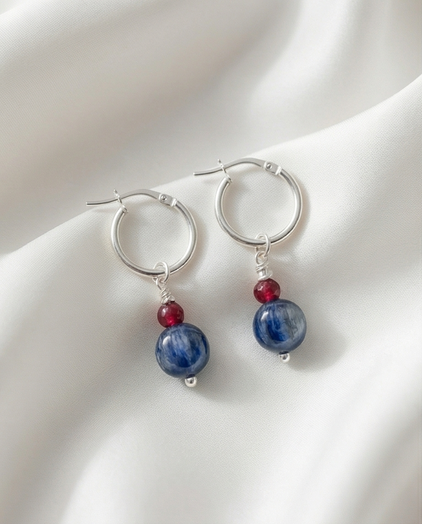 Earrings with 14k white gold ruby ​​and kyanite charms