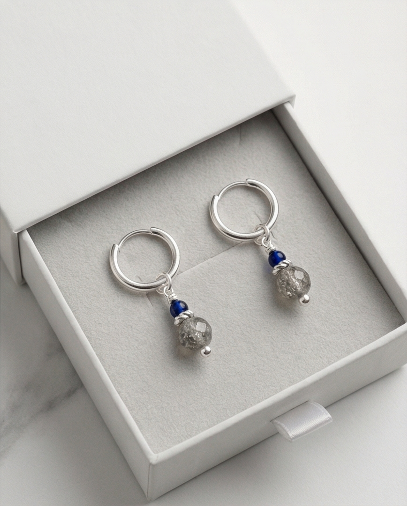 Molly white gold earrings with labradorite and sapphire charms
