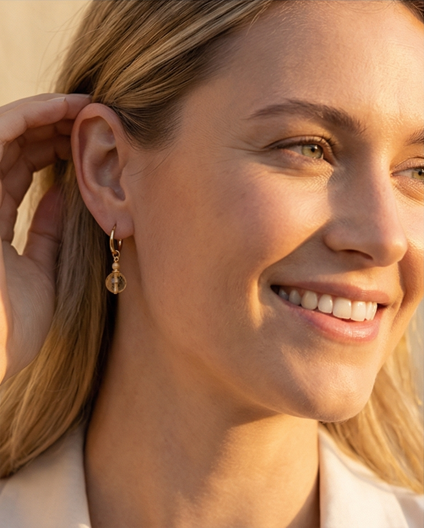 A set of 14 carat gold earrings with yellow opal and citrine charms