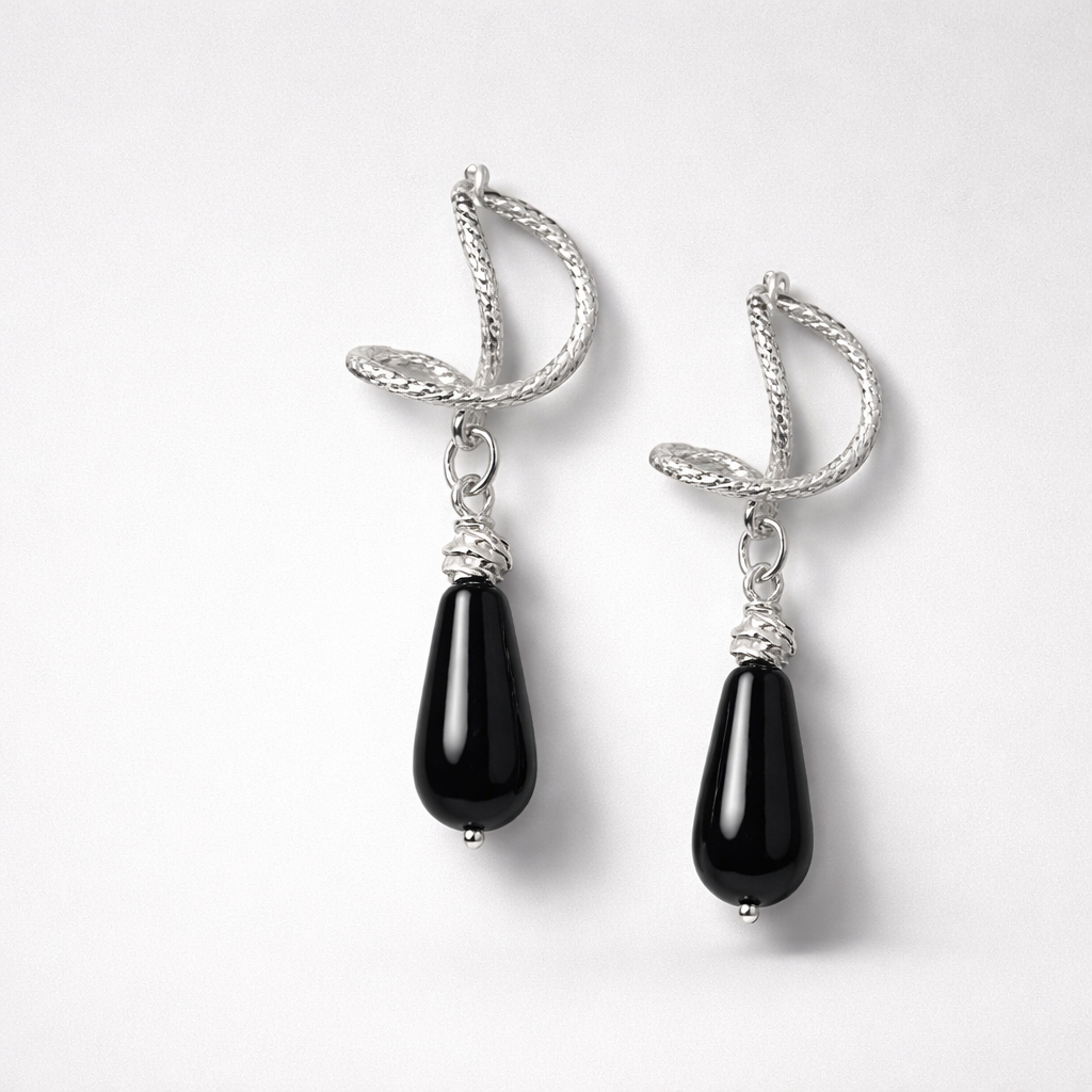 Omega silver earrings with onyx drops