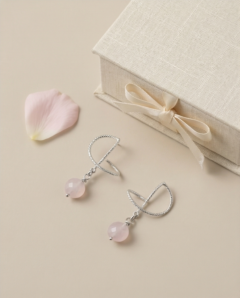 Omega Silver Earrings with Rose Opalite