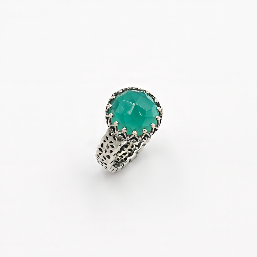 Silver ring with green agate stones