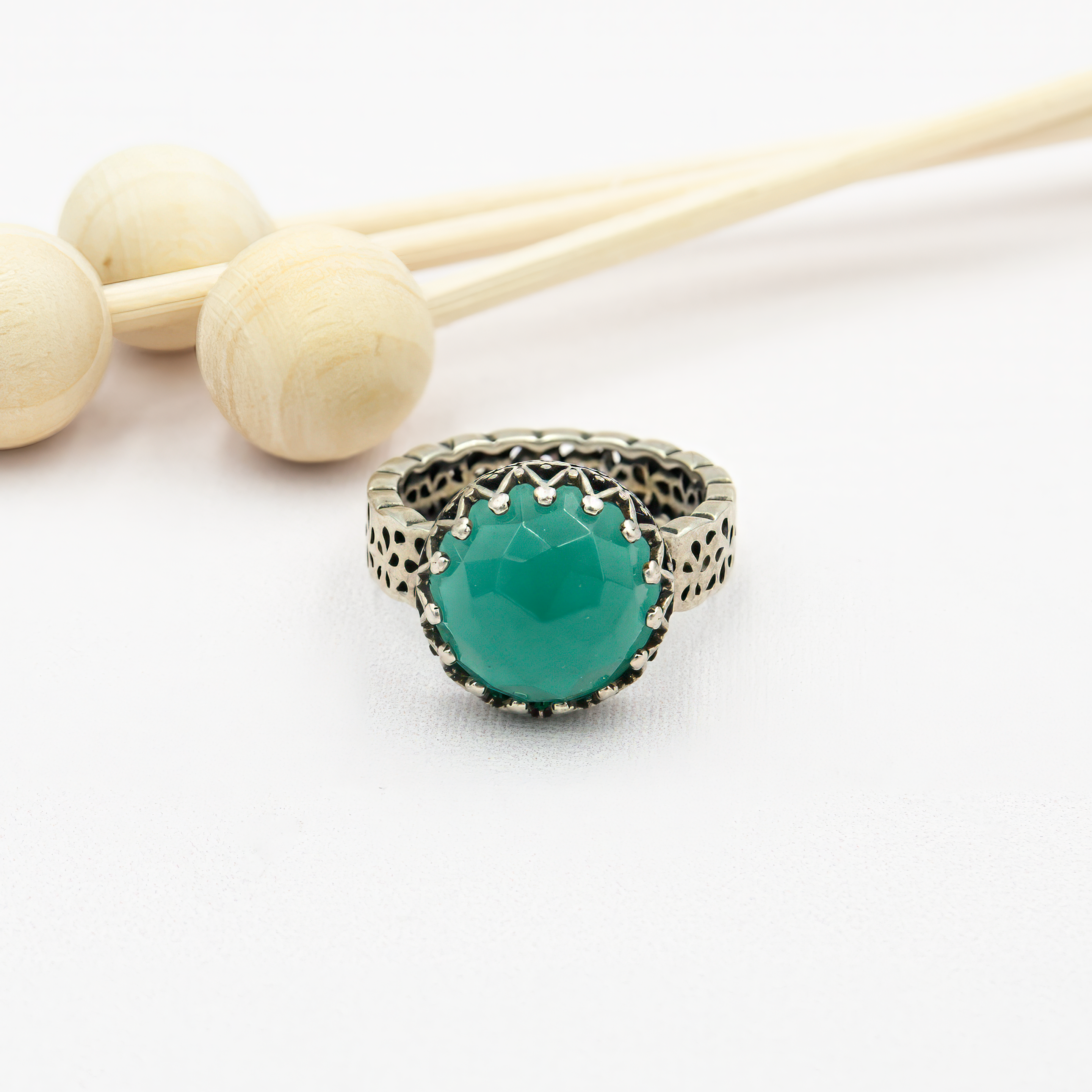 Silver ring with green agate stones